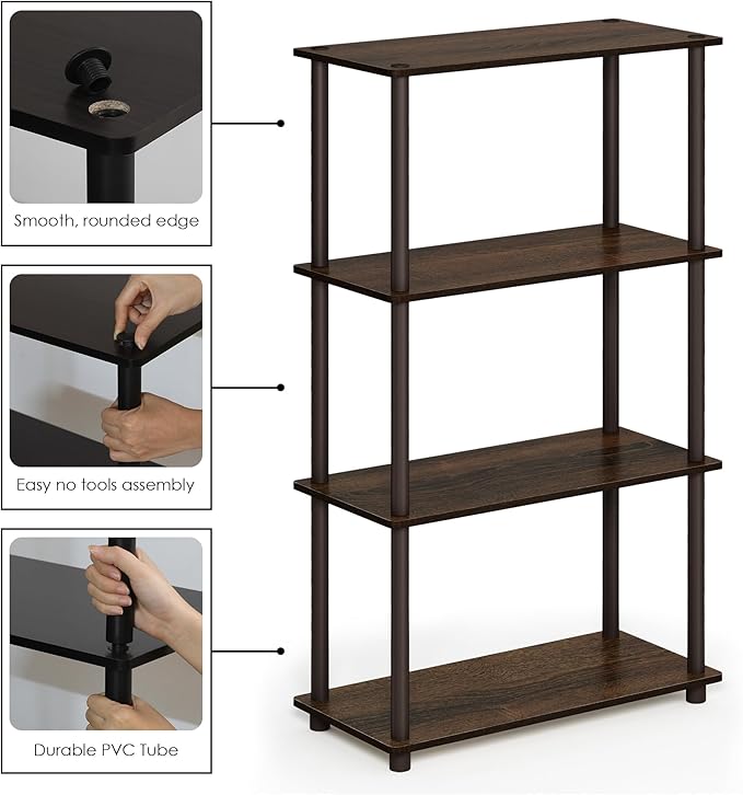 Furinno Turn-N-Tube 4-Tier Multipurpose Shelf Display Rack, Round Tubes, Walnut/Brown