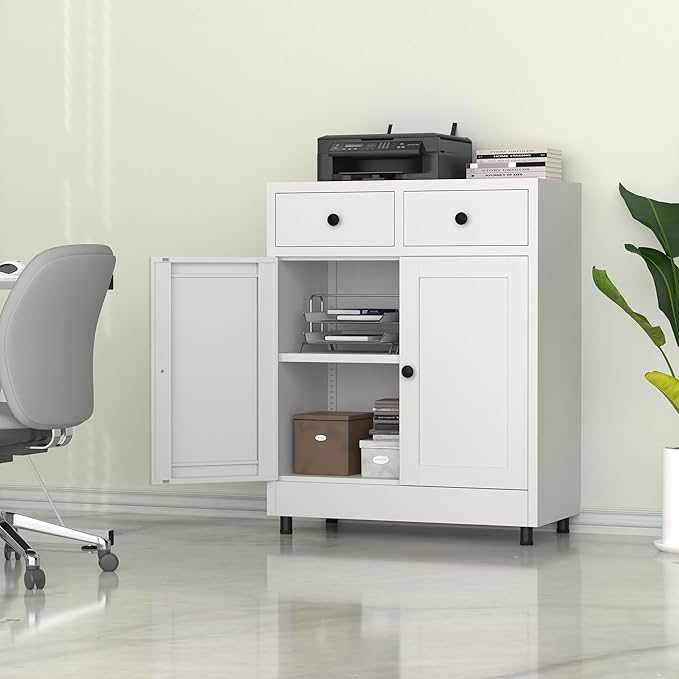 Metal Storage Cabinet with 2 Drawers and Adjustable Shelf, Sideboard Buffet Cabinet for Home, Office, Hallway, Entryway, Living Room, Kitchen Pantry and Dining Room (34.8" H, with Feet, White)