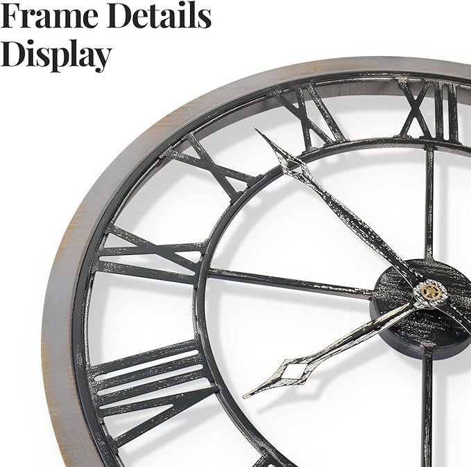 Large Wall Clock 24 Inch, Big Round Clock Decorative Battery Operated with Solid Wood Frame Non-Ticking Silent, Farmhouse Wooden Wall Clocks for Living Room, Kitchen, Office