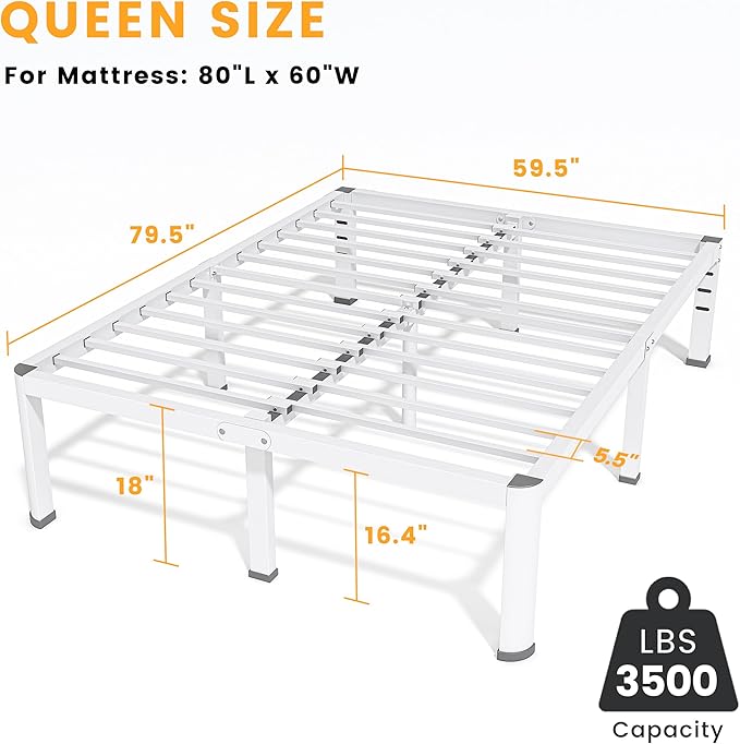 18 Inch Queen Size Metal Bed Frame with Round Corners, Storage Space Under High Bed Frame-Heavy Duty Steel Slats Support, Noise Free - Easy Assembly - No Box Spring Needed,White
