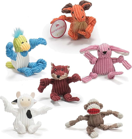 HuggleHounds Knottie Plush Dog Toy - Dog Stuffed Animal Toy, Squeaky Puppy Toys, For Small & Medium Dogs, Durable Plush to Keep Them Busy - Wee Knotties Variety Pack (6 Count)