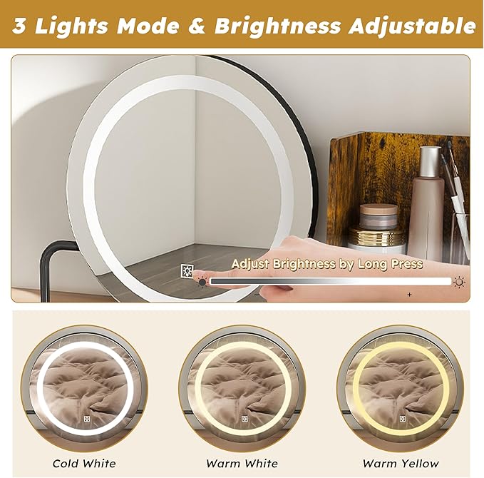 Ball & Cast Vanity Desk with Mirror & Power Outlet,3 Dimmable Colors Light Small Makeup Vanity Table Set with 2 Large Drawers & Chair,Adjustable Brightness Dressing Table for Women Girls Bedroom
