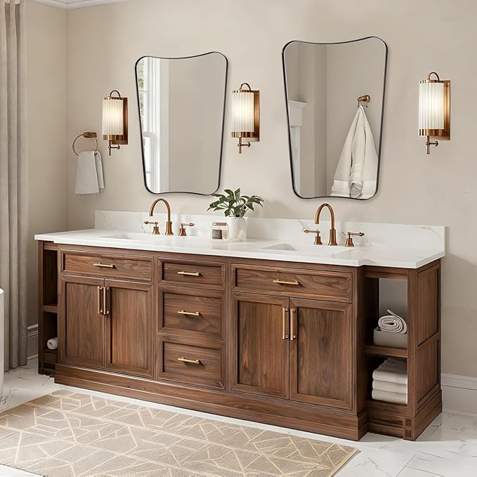 ANDY STAR Brushed Bronze Asymmetrical Mirror, 24"x32" Bathroom Mirror for Wall with Premium Stainless Steel Thin Frame, Italian Curved Mirror Decorative for Bathroom, Powder Room, Entryway