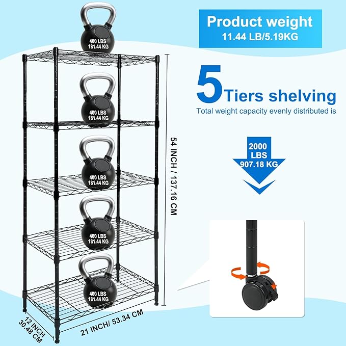 Whitmor 5 Tier Shelving Unit, Adjustable Storage Shelves with Wheels, Wire Shelving, 400 lbs Capacity per Shelf, Max 2000 lbs Total for Laundry, Garage, Plant, 21" L x 12" W x 54" H, Black