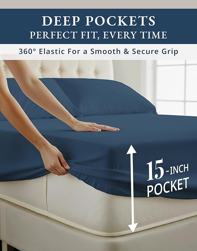 LANE LINEN 100% Egyptian Cotton Cal King Sheet Set, 15 inch Deep Pocket Fully Elasticized French Reinforced Pocket Seams for Soft, Comfy & Fresh Bed Eco Friendly Cooling Sheets - Estate Blue