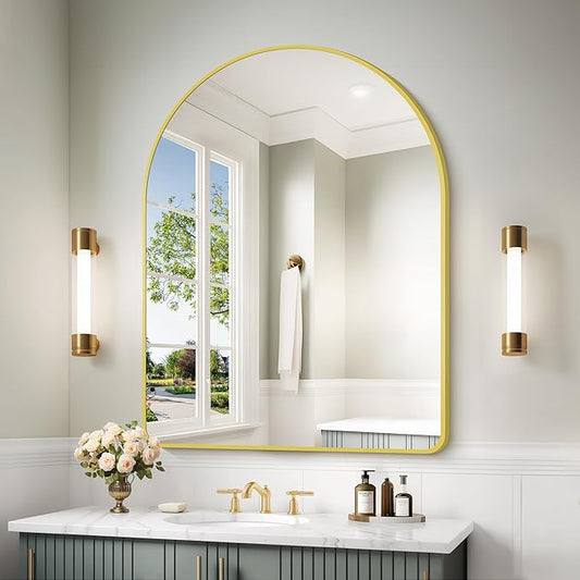 Arched Bathroom Mirror, 30"x40" Gold Arched Mirror for Bathroom, Wall Mounted Mirror, Gold Vanity Wall Mirror w/Metal Frame for Bedroom, Entryway, Living Room, Vertically Hanging or Leaning Against