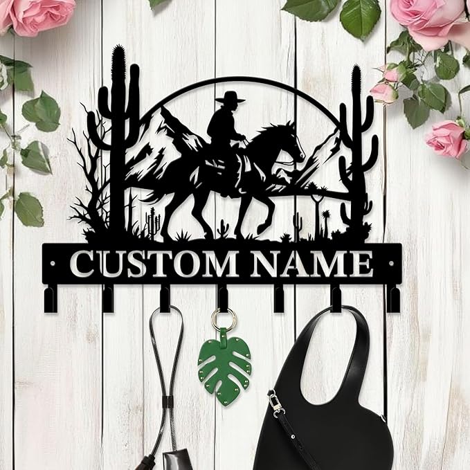 Custom Western Cowboy Metal Iron Key Hooks,Personalized Name & Text Engraving,Decor Wall Keys Holder for Home Entryway (Style B)