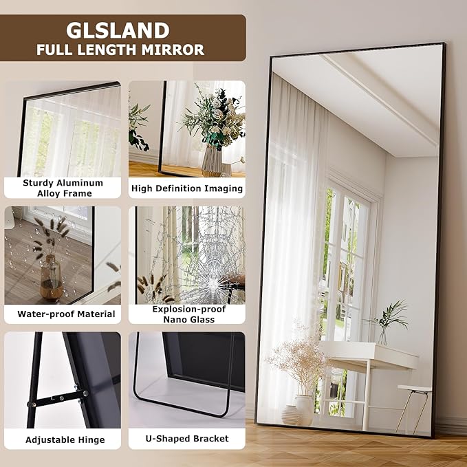 GLSLAND 76"x34" Full Length Mirror Oversize Rectangle Full Body Mirror Aluminum Alloy Frame Freestanding Mirrors for Bedroom Living Room Dressing,Black