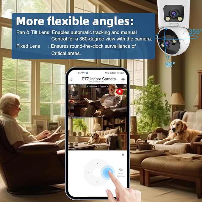 4MP Dual Lens Indoor Security Camera, 360° Pan/Tilt Baby & Pet Monitor, 2.4G/5G WiFi, Motion Tracking, 24/7 Cloud/SD, 2-Way Audio, Works with Mobile App & PCs