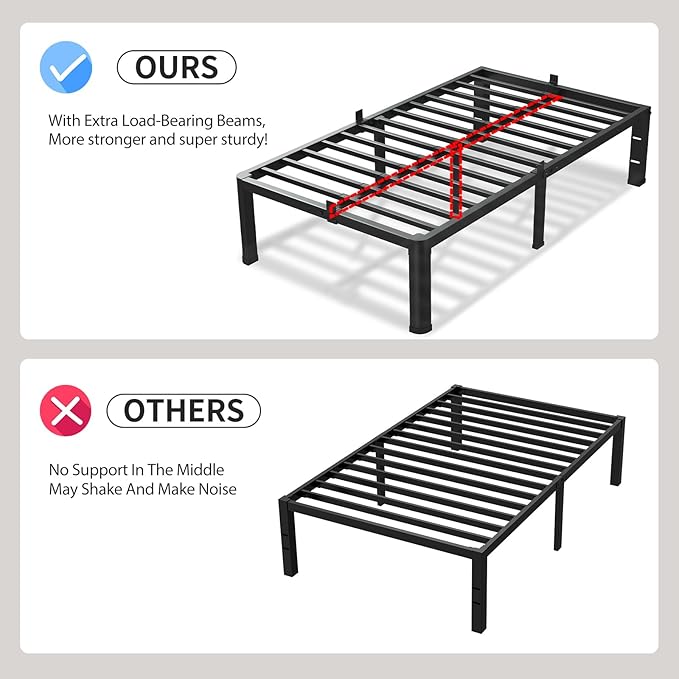 14 Inch Twin Size Bed Frame, 3500Lbs Heavy Duty Metal Platform with Round Corner Legs Mattress Slide Stopper, Steel Slat Support No Box Spring Needed, Noise Free, Non-Slip, Easy Assembly