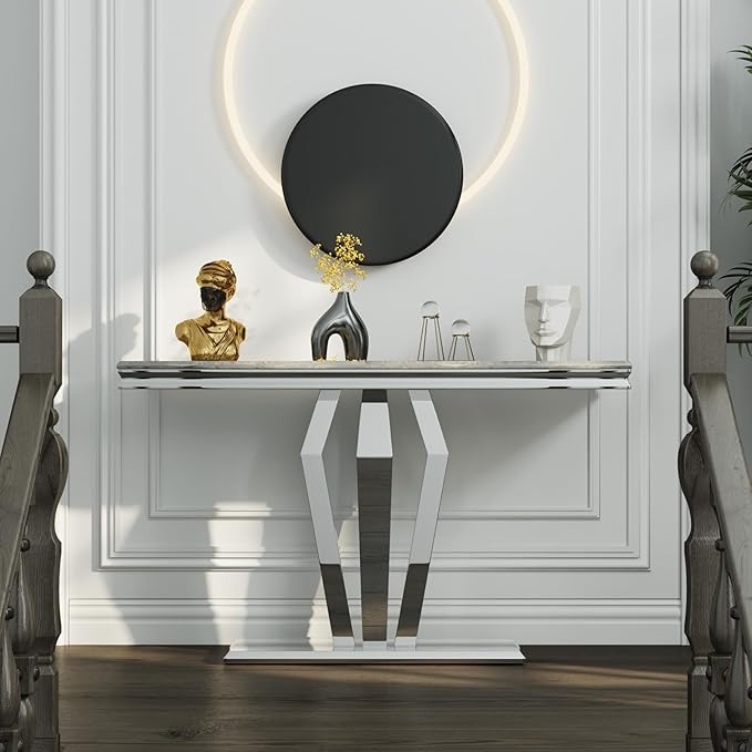Asday Silver Console Table, Mirrored Sofa Table with Geometric Steel Base, Modern Silver Narrow Rectangular Console Table for Entryway, Living Room, Office, Coffee Bar, Front Hall