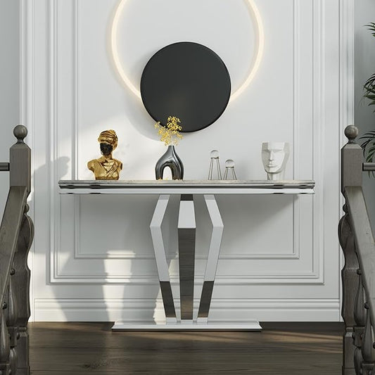 Asday Silver Console Table, Mirrored Sofa Table with Geometric Steel Base, Modern Silver Narrow Rectangular Console Table for Entryway, Living Room, Office, Coffee Bar, Front Hall