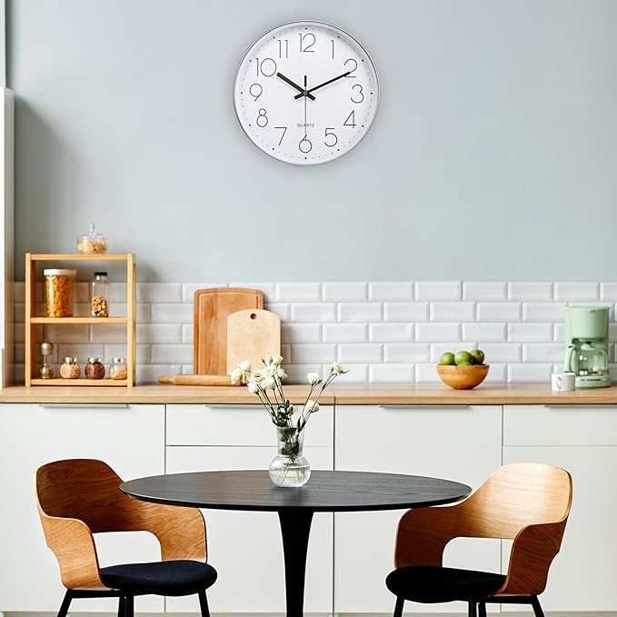jomparis Modern 12" Battery Operated Non-Ticking Silent Sweep Movement Wall Clock Decorative for Office,Kitchen, Living Room, Bedroom, Bathroom Silver Plastic Frame