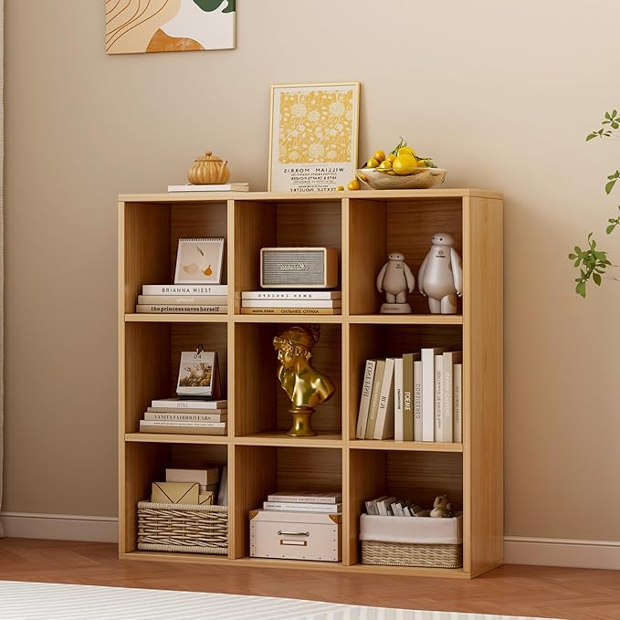 9-Cube Storage Shelf Bookcase - Wooden 3-Tier Floor Standing Open Bookshelf for Home and Office, Display Cabinet, Oak