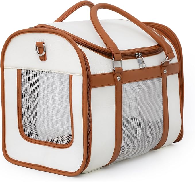 Pet cat and Dog cage Suitable for Medium and Small-Sized Cats, Soft Side cat cage, Sturdy Outer Frame Design, Adjustable Shoulder Strap, Ivory White, Fashionable pet Supplies