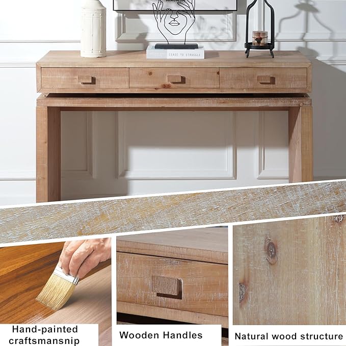 47" Farmhouse Wood Console Table with 3 Drawers, Rustic Wooden Sofa Table Behind Couch with Storage, Mid Century Modern Entryway Table for Living Room, Hallway, Entrance