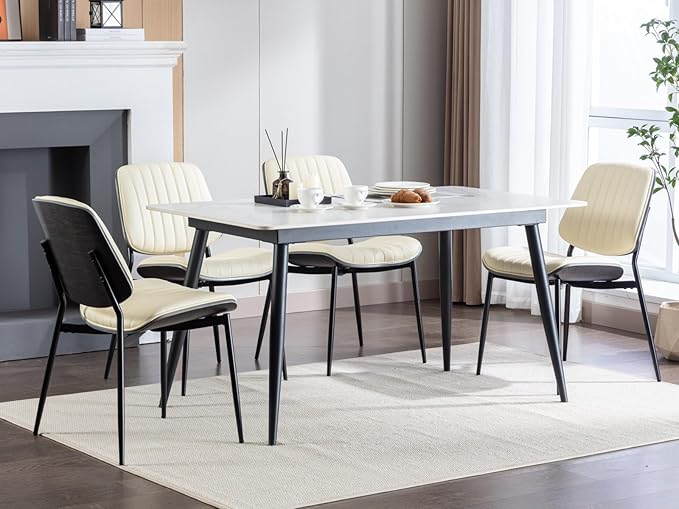 Dining Chairs Set of 6, Mid Century Modern Accent Dining Room and Kitchen Chairs, Upholstered PU Leather Vertical Stripe Chairs for Vanity with Walnut Bentwood and Metal Legs, Beige