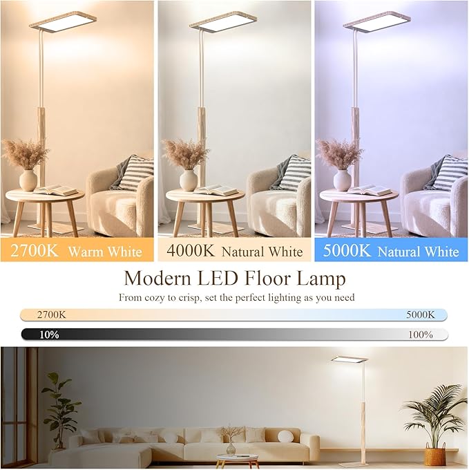 STERREN Full Spectrum Floor Lamp, 9800LM Modern Vintage Industrial Free-Standing Lamp, Eye-Care Remote Control Reading Lamps for Study Room, Office, Living Room, 2700-5000K,Oak Brown