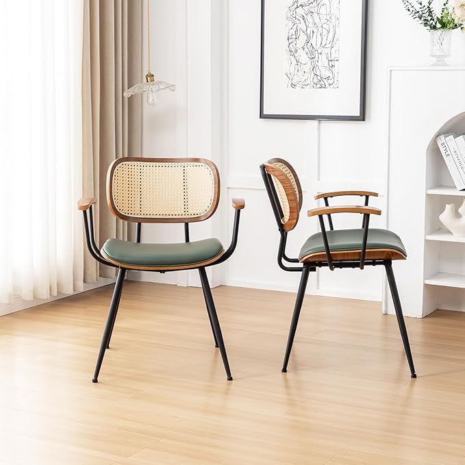 Rattan Dining Room Chairs Set of 4,Mid Century Modern Kitchen Side Chairs,Metal Legs Desk Chair,Faux Leather Accent Chair with Arms and Rattan Backrest Green PU