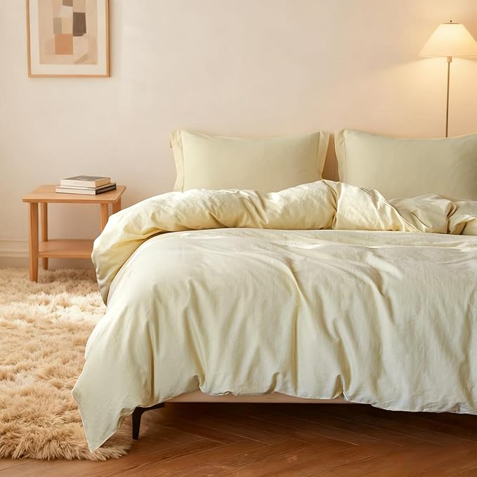Simple&Opulence French Linen Duvet Cover Set - Twin Size(68" x 86")- 2 Pieces (1 Comforter Cover,1 Pillowcase)- Natural Flax Cotton Blend-Solid Color Breathable Farmhouse Bedding-Pale Yellow