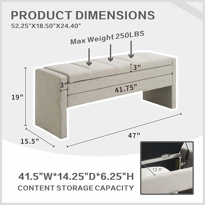 47.25'' Ottoman with Storage, End of Bed Storage Bench, Entryway Bench - Linen Upholstered Multi-Functional Footrest for Bedroom, Living Room, Dorm & Window Bench (Light Grey)