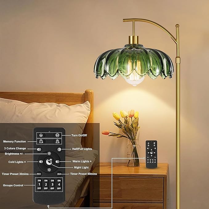 Arc Floor Lamps for Living Room Gold Floor Lamp with Remote Control,Dimmable Floor Lamp with Glass Lampshade,Vintage Mid Century Modern Standing Lamp Tall Flower Lamps for Bedroom Corner