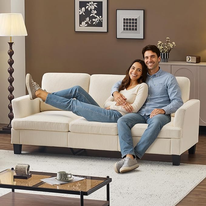 VINGLI Beige 83" Sofa Couches for Living Room, Corduroy Modern Comfy 3 Seater Couch 25.6" Deep Seat Upholstery Cozy Sofas for Small Space, Bedroom, Apartment, Home Office