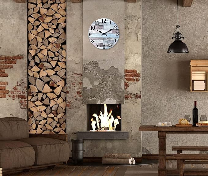 XNM Blue Wood Wall Clocks Battery Operated 14 Inch Rustic Wall Clock Non Ticking Analog Clock for Bedroom(MDF No Solid Wood)