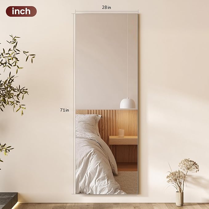 Kosmonia 71x28 Frameless Full Length Silver Coating Mirror w/Distortion Free, HD Reflection &Anti Desilvering, Tempered Glass & Shatter Proof Film Doubling Safety, Easy Setup w/Stand, Wall/Standing
