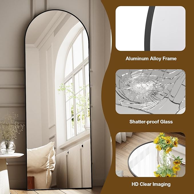 Full Body Mirror 26x71 inch Arched Full Length Mirror with Stand Aluminum Wall Mounted Hanging or Leaning Standing Mirrors, Black