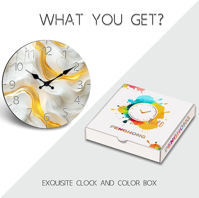 White Gold Wall Clock for Office Decor Battery Operated 12 Inch Round Wall-Clocks Non-Ticking Decor for Bedroom,Living Room