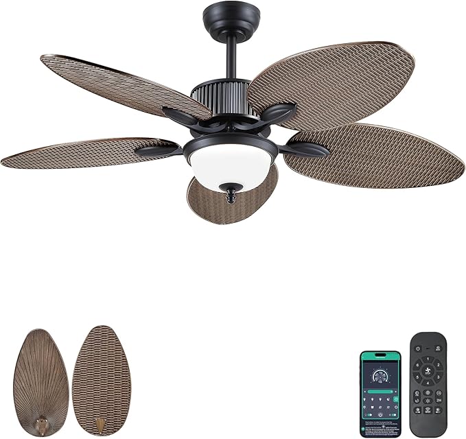 50 Inch Tropical Ceiling Fans with Lights and Remote/APP Control, Outdoor Waterproof Palm Leaf Ceiling Fan for Patios Porches, Wet Rated, Glass Lampshade, 6 Speeds, Quiet, Dark Brown