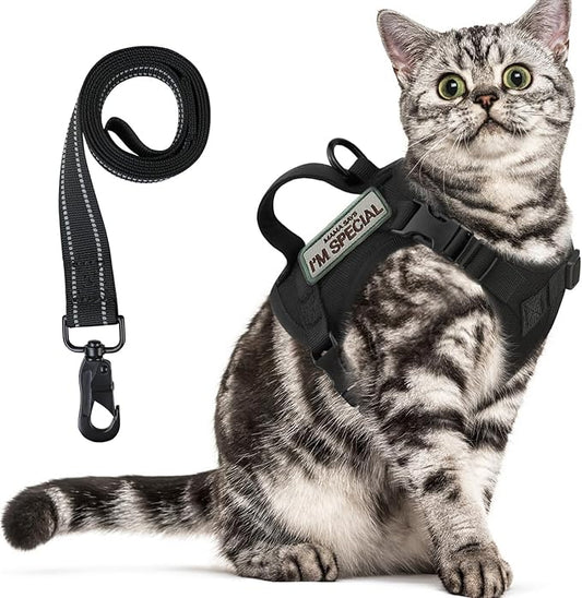 Tactical Cat Harness for Walking Escape Proof, Soft Mesh Adjustable Pet Vest Harness for Large Cat, Small Dog and Khaki (Black, Medium)
