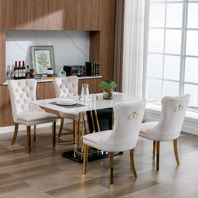 Luxury Upholstered Dining Chairs Set of 4, Beige Kitchen Chair with Golden Metal Legs, Velvet Tufted Back Dining Chair, Sillas de Comedor, Modern Kitchen & Dining Room Chairs (Beige, 4 Pcs)
