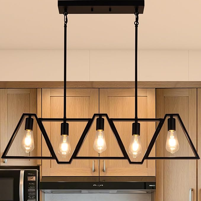 Dining Room Light Fixture, Kitchen Island Lighting with Adjustable Rods, Modern Chandelier Pendant Lamp Over Table (Black, 5 Light)