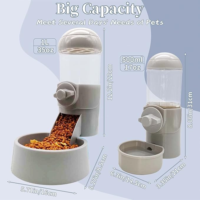 Tfwadmx Rabbit Hanging Auto Food Water Dispenser Pet Cage Suspended Food Water Bowl Chinchilla Gravity Detachable Feeder Waterer Set for Puppy Kitten Bunny Ferrets Guinea Pig (Gray)
