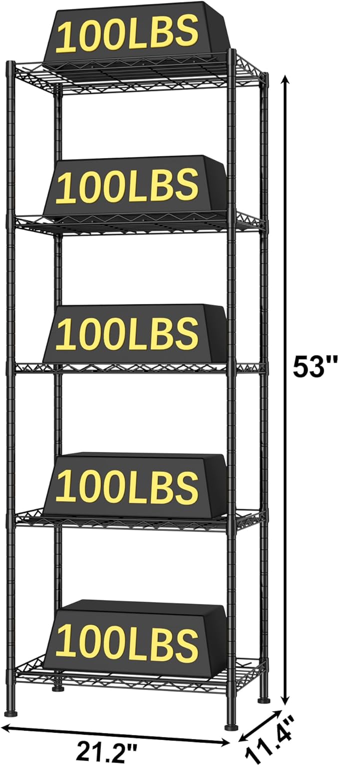 HOMEFORT 5-Shelving Unit, Adjustable Wire Shelving, Metal Wire Shelf Rack Organizer for Kitchen, Pantry, Closet, Bathroom, Laundry, Black,21" W x 11" D x 53" H