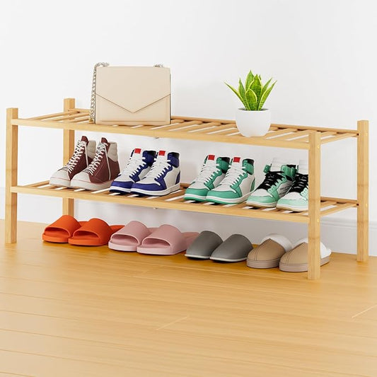 Smiry Shoe Rack, 2 Tier Thick Long Bamboo Shoe Organizer, Stackable Free Standing Wooden Shoe Storage Shelf for Closet, Entryway, Front Door Entrance, Natural