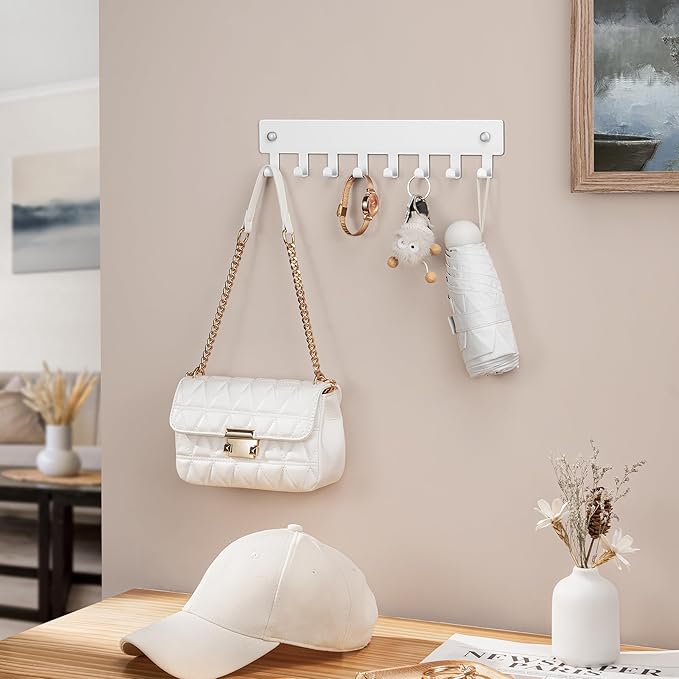 pickpiff Key Holder Wall Mount, Adhesive Key Rack with 8 Hooks Hanger for Car Key Ring, Metal Key Chain Organizer, White 1 Pack