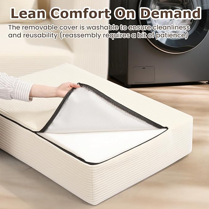 3 Seater Boneless Couch for Living Room, Convertible Futon Sofa Bed Comfy Pull Out Couch with 5 Pillows & Detachable Washable Cover, Upholstered Floor Sofa in A Box, No Assembly Required, Beige