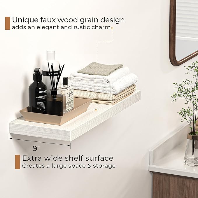 Floating Shelves - 24 Inch Rustic Wooden Wall Shelves - Extra Deeper & Thicker Wall Mounted Storage Shelf for Living Room, Kitchen, Farmhouse - 24" W x 9" D x 1.6"H - Rustic White, 2 Pack