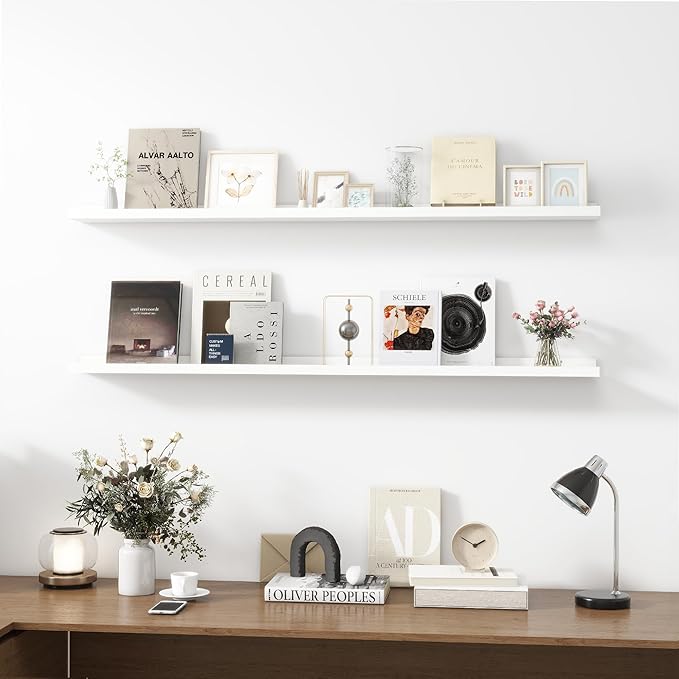 Picture Ledge Shelf, Wood Long Floating Shelves for Wall, Set of 2, 56 inch Picture Ledge Shelves, Photo Ledge Nursery Book Shelves Wall Mounted for Living Room Kids' Room Bedroom, Color White