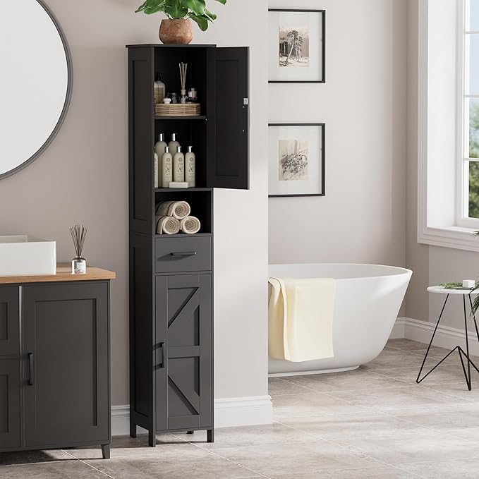 Homhedy 67" H Tall Bathroom Storage Cabinet with 2 Barn Doors and 1 Drawer, Narrow Storage Unit, Adjustable Shelves, Floor Cabinet for Bathroom, Living Room, Entryway, Kitchen, Black, (11.8" W)