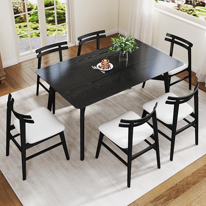 VESCASA 5-Piece Dining Set, 59" L Black Rectangle Wood Dining Table with 4 Curved Back Chenille Beige Wood Dining Chairs for Dining Room, Kitchen, Restaurant, Dining Set for 4