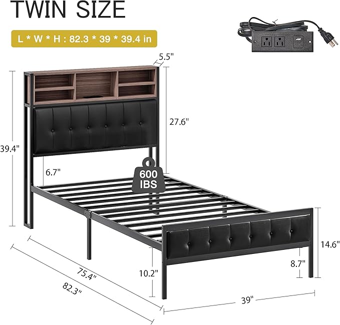VECELO Farmhouse Metal Bed Frame Twin Size with Wooden Headboard & Footboard, Solid Platform Mattress Foundation with Storage, LED Light, Charging Station, USB Ports, Noise-Free, Easy Assembly, Black