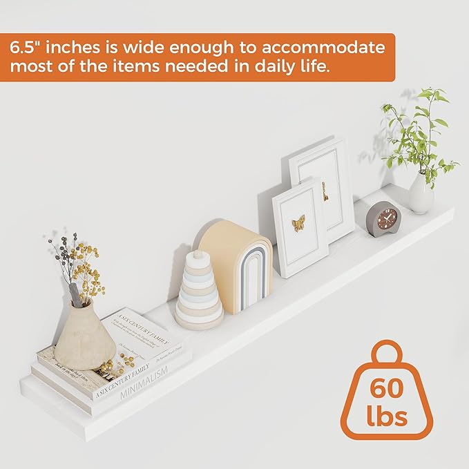 Fun Memories Floating Shelves for Wall, 40 Inch Floating Shelves for Home Decor, Wall Mounted Rustic Wood Shelves, Bathroom, Hanging Deep Shelf for Bedroom, Living Room, Kitchen (White, Set of 2)