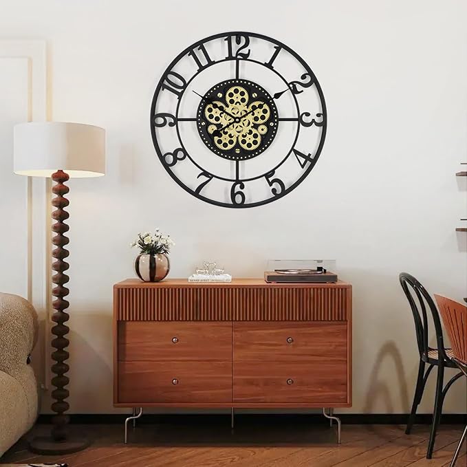 24In Large Wall Clocks for Living Room Decor with Moving Gears,Large Wall Clock Industrial Steampunk,Oversized Metal Analog Wall Clocks for Home Battery Operated (Accessories Color May Vary)