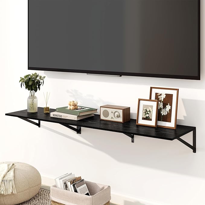 Fun Memories Floating Shelves for Wall, 12 Inch Deep Floating Shelves Set of 2, 16W x 12D Large Wall Shelf with Sturdy Metal Brackets for Living Room, Bathroom, Bedroom and Kitchen, Black