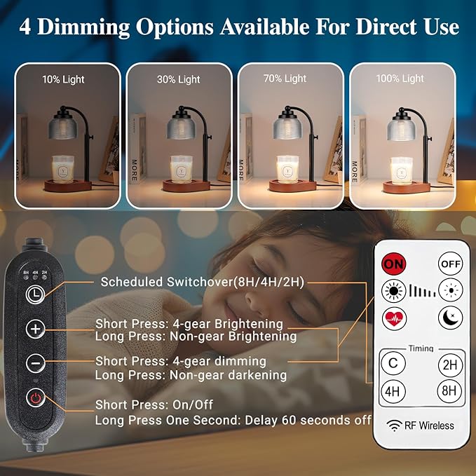 Candle Warmer Lamp Remote Control, Timer and Dimmer, Birthday Gifts for Women Mom Sister, House Warming Gifts Vintage Home Decor, Adjustable Height Wax Melt Warmer for Jar Candles with 2 Bulbs