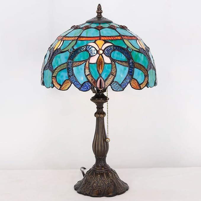 Tiffany Table Lamp Stained Glass Lamp 12X12X19 Inch Antique Reading Light (Green Brown Jewelry Baroque)